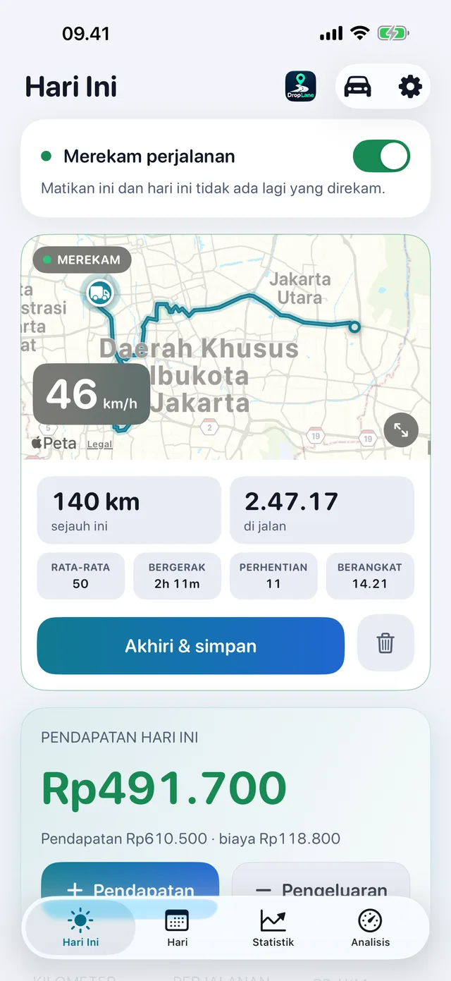 Tampilan Hari Ini: perjalanan yang sedang terekam dan pendapatan hari ini.