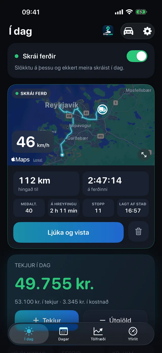 Í dag-skjárinn í DropLane: ferð sem verið er að skrá á kortinu, ásamt vegalengd, tímum og tekjum dagsins.
