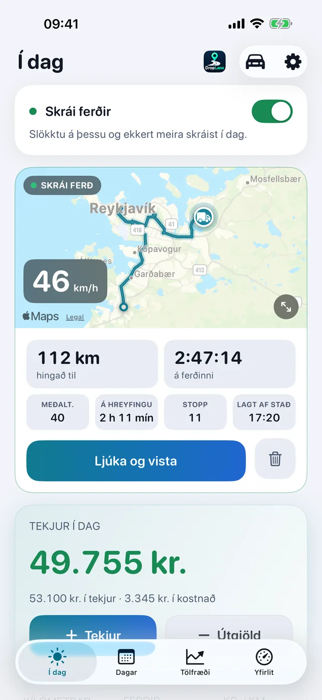 Í dag-skjárinn í DropLane: ferð sem verið er að skrá á kortinu, ásamt vegalengd, tímum og tekjum dagsins.