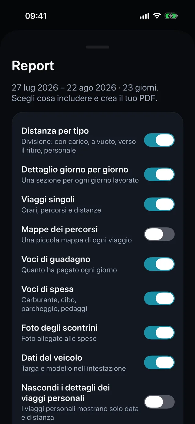 La scheda del report: interruttori per viaggi, incassi, spese e foto delle ricevute, poi il PDF.