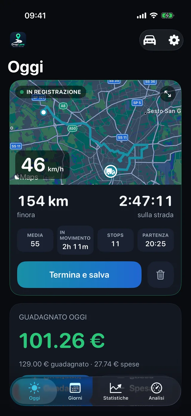 La schermata Oggi di DropLane: un viaggio in registrazione sulla mappa, con distanza, ore e incassi della giornata.