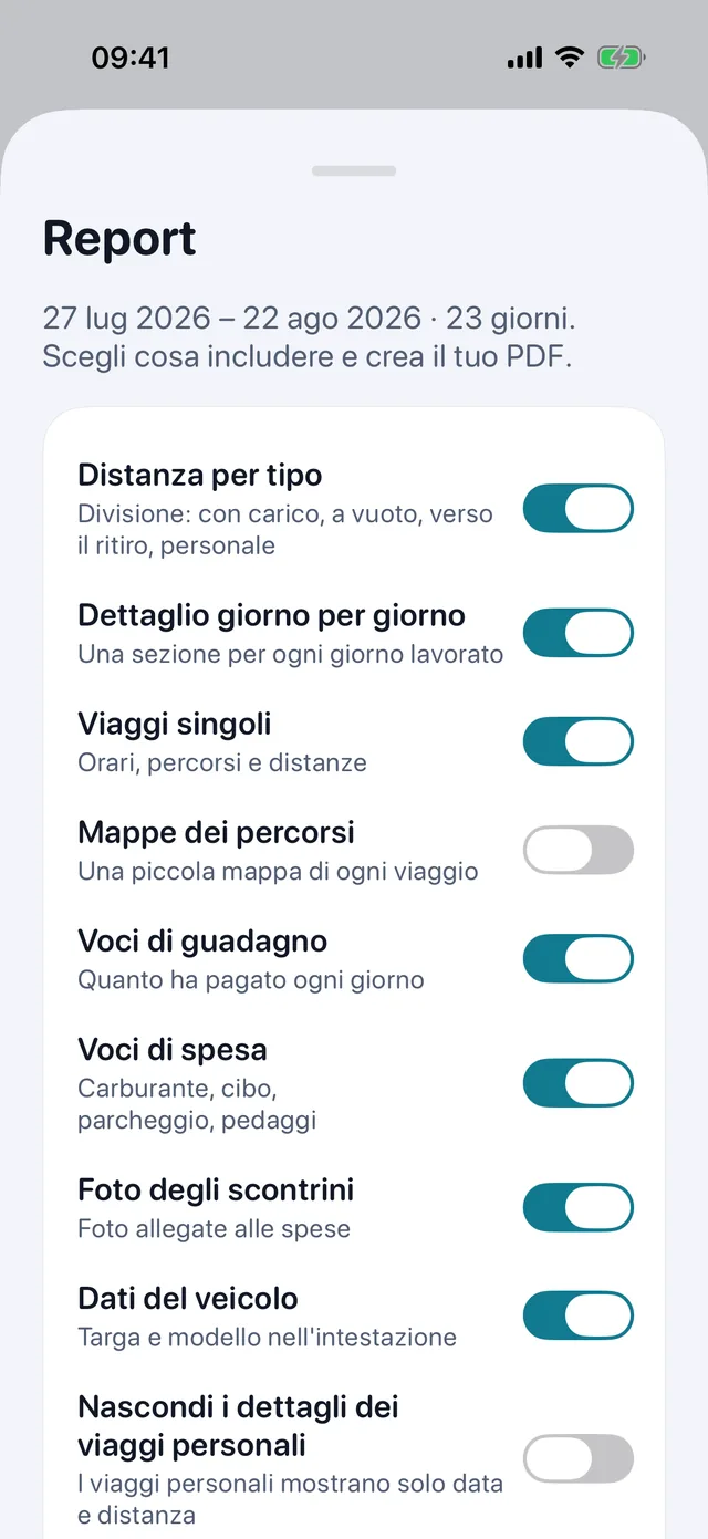La scheda del report: interruttori per viaggi, incassi, spese e foto delle ricevute, poi il PDF.