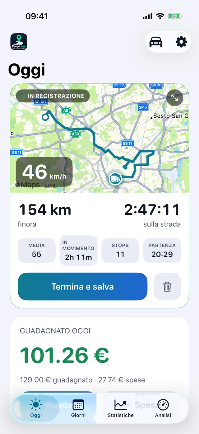 La schermata Oggi di DropLane: un viaggio in registrazione sulla mappa, con distanza, ore e incassi della giornata.