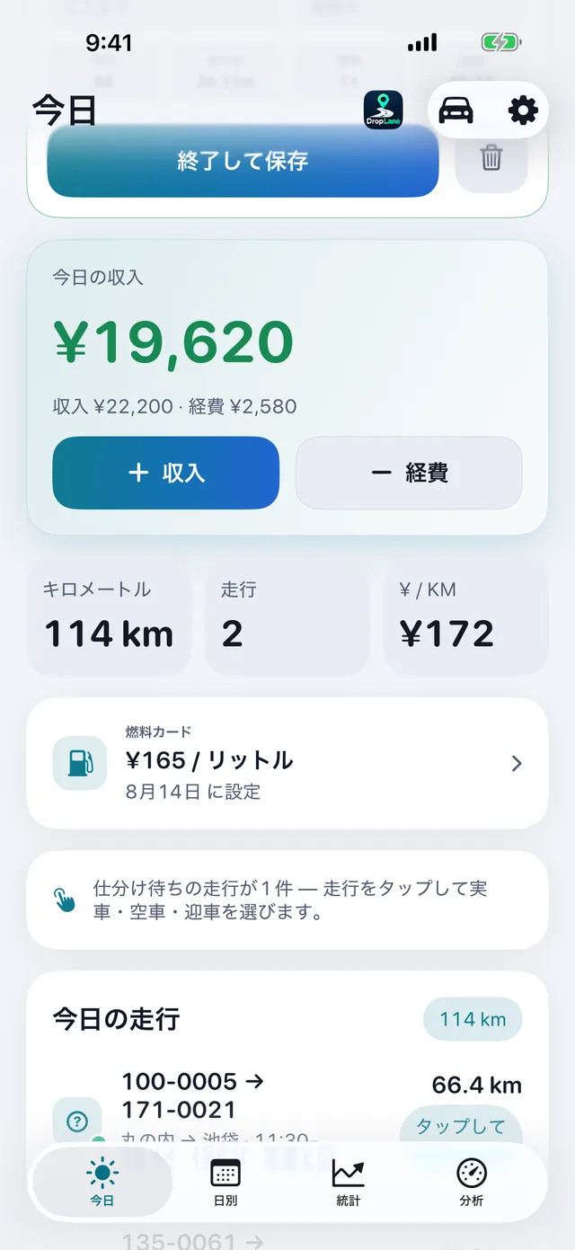 今日の収入 — 売上から経費を引いた手取り。