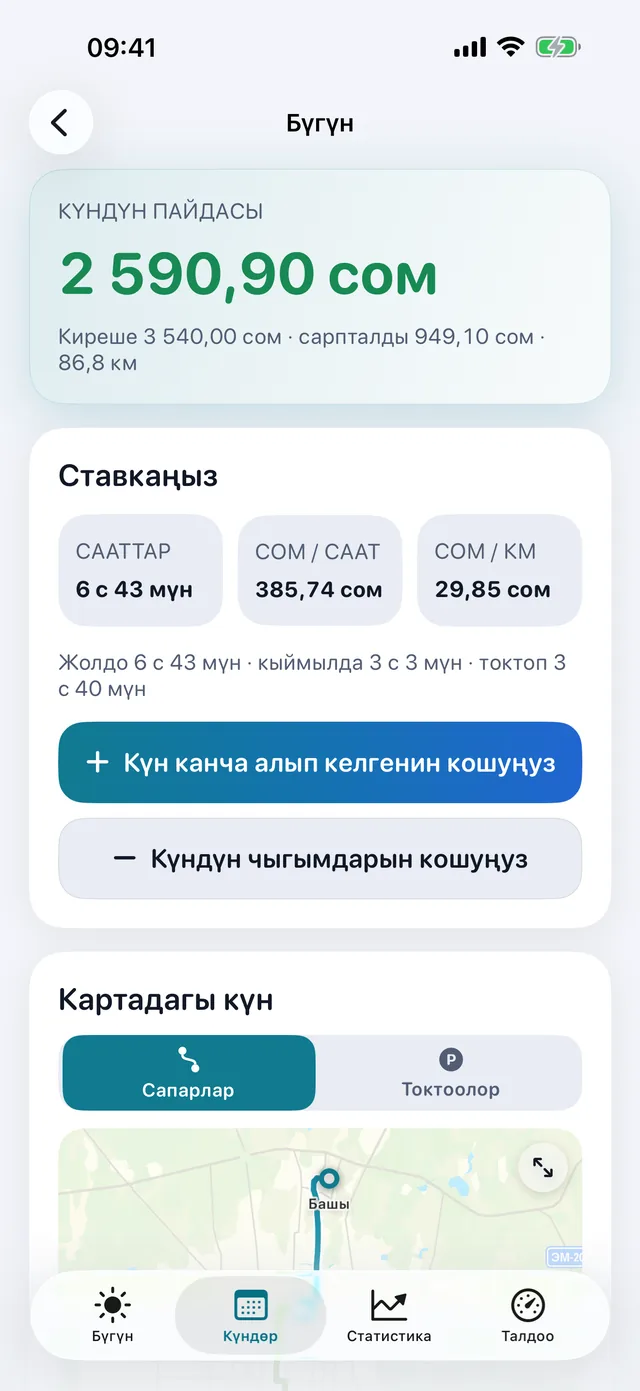 Бир күндүн барагы: күндүн пайдасы 2 590,90 сом, 86,8 км, саатына 385,74 сом, бир километрге 29,85 сом, төмөндө күндүн картасы.
