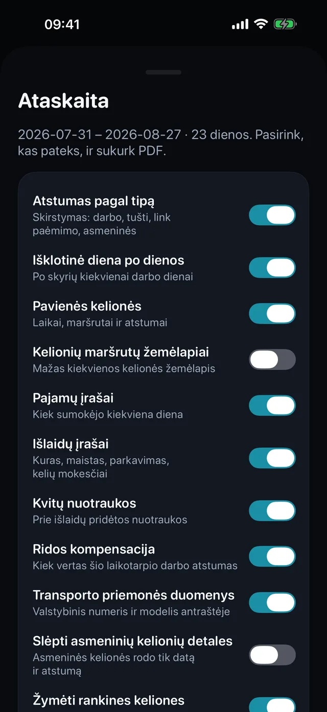 Ataskaita susikuria pati — Pažymėk, kas įeina, pasirink stačią ar gulsčią — ir PDF buhalteriui paruoštas siųsti.