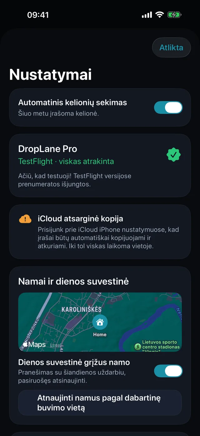 Nustatymai — Kilometrai ar mylios. Šviesi ar tamsi.