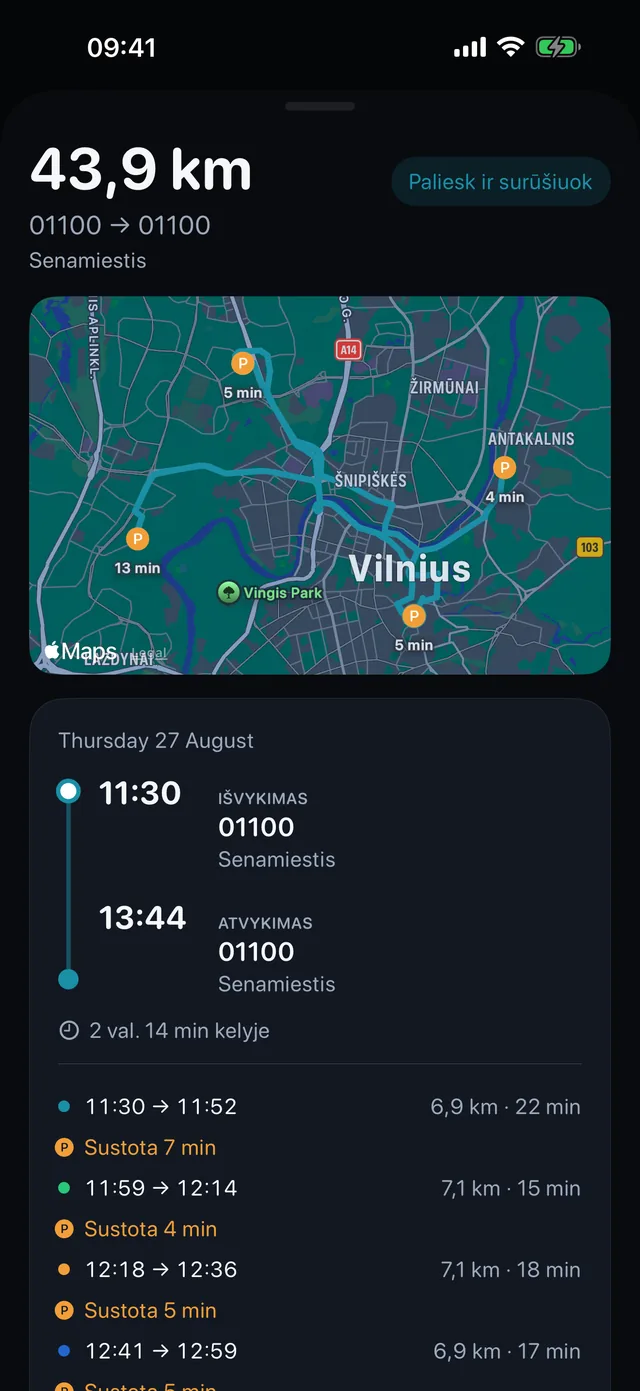 Viena kelionė — Laikai, sustojimai ir kokie tai kilometrai.