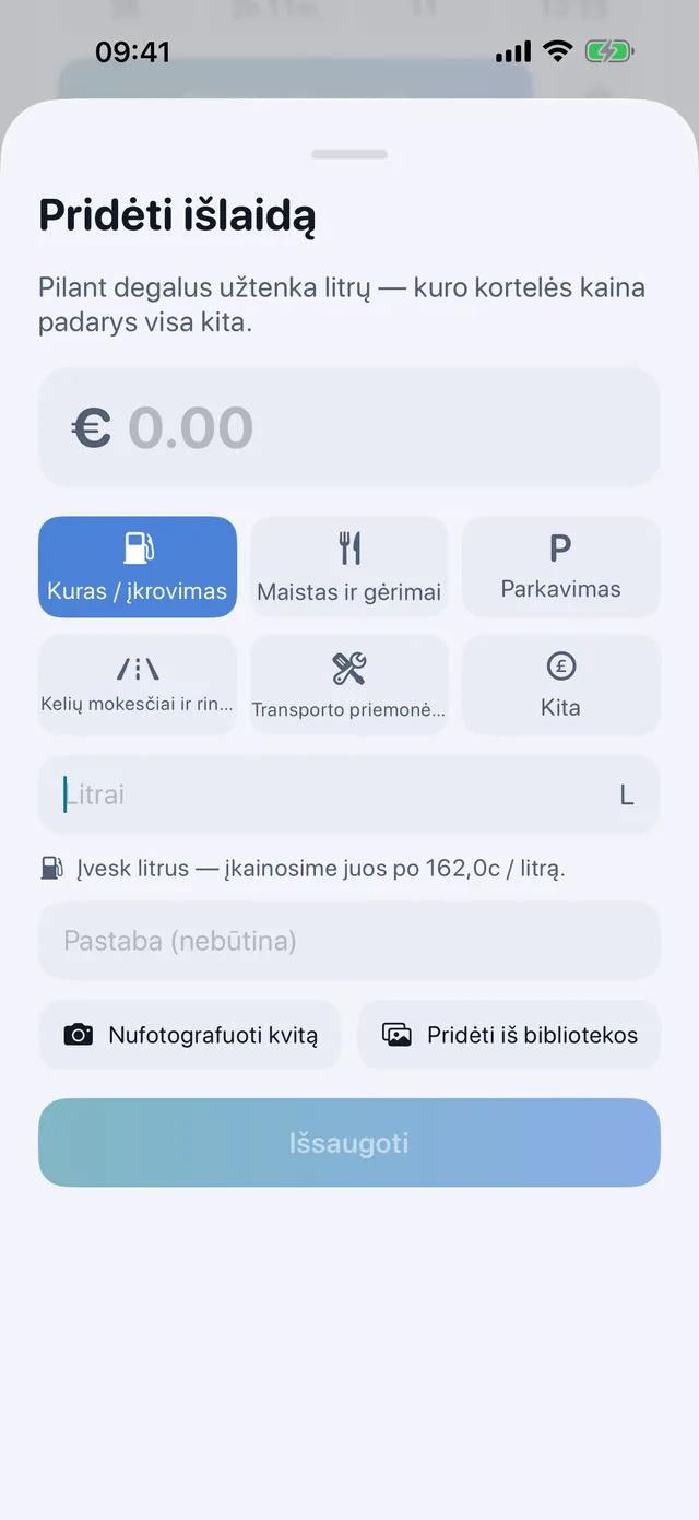Išlaidos — Kuras, maistas, parkavimas, kelių mokesčiai.