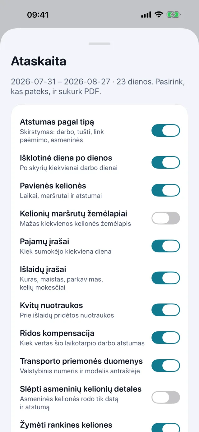 Ataskaita susikuria pati — Pažymėk, kas įeina, pasirink stačią ar gulsčią — ir PDF buhalteriui paruoštas siųsti.