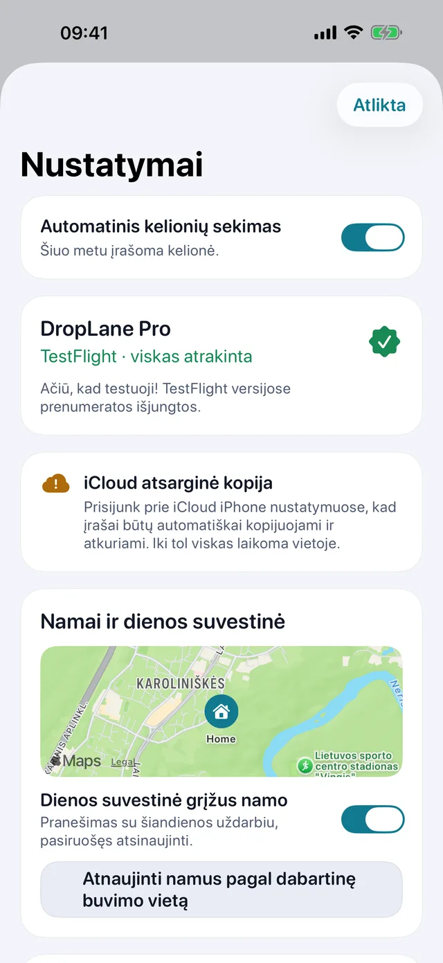 Nustatymai — Kilometrai ar mylios. Šviesi ar tamsi.