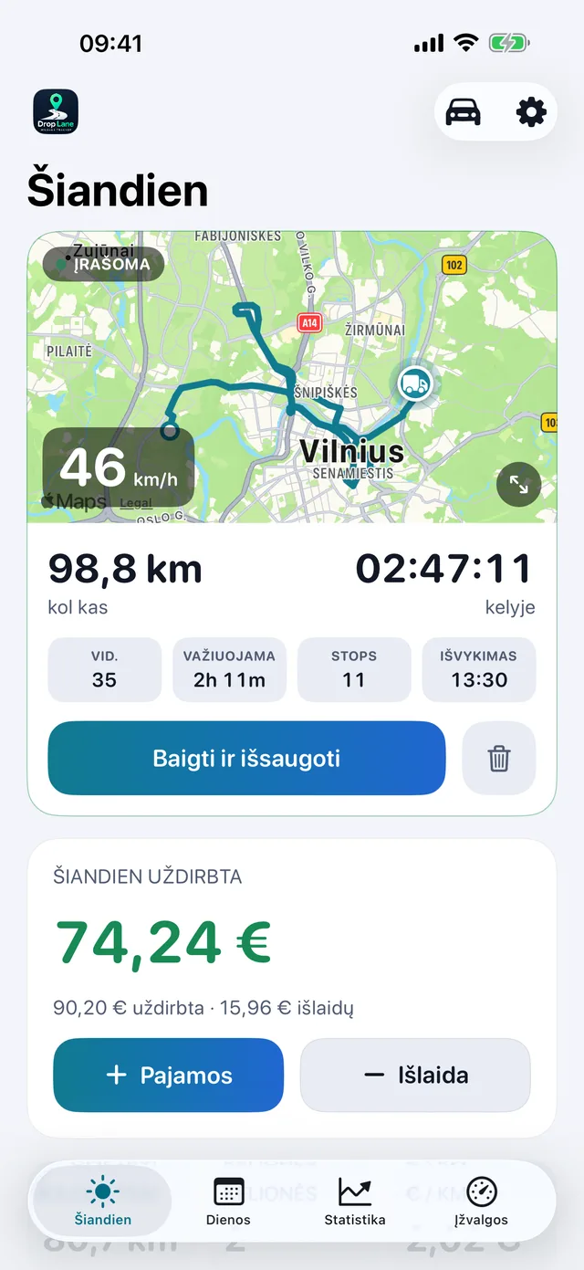 DropLane ekranas Šiandien: kelionė rašoma žemėlapyje, su dienos atstumu, valandomis ir pajamomis.