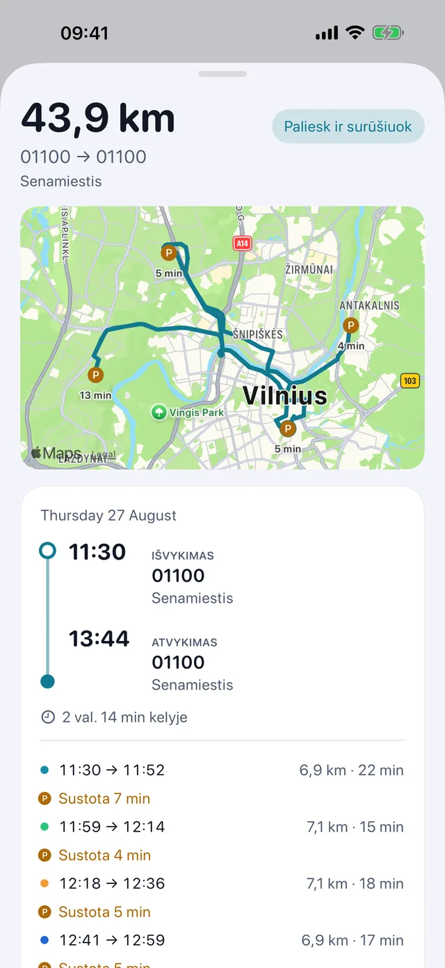 Viena kelionė — Laikai, sustojimai ir kokie tai kilometrai.