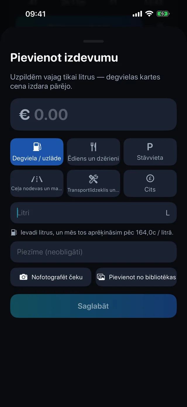 Izmaksas — Degviela, ēdiens, stāvvieta, ceļa nodevas.
