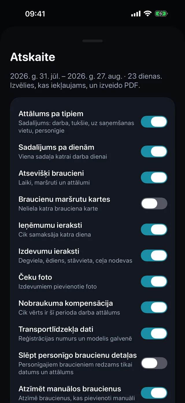 Atskaite uzbūvējas pati — Atzīmē, kas iekļaujas, izvēlies stāvu vai guļus — un PDF grāmatvedim ir gatavs sūtīšanai.