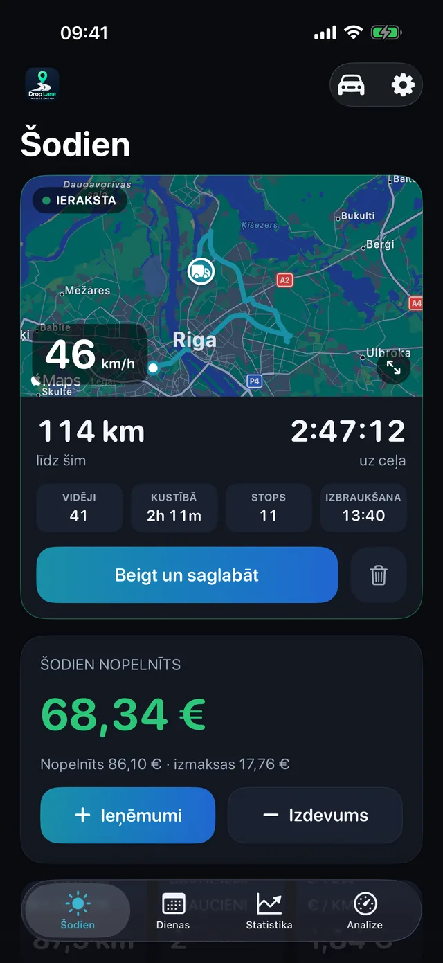 DropLane ekrāns Šodien: brauciens tiek pierakstīts kartē, ar dienas attālumu, stundām un ieņēmumiem.