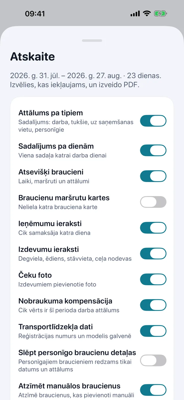 Atskaite uzbūvējas pati — Atzīmē, kas iekļaujas, izvēlies stāvu vai guļus — un PDF grāmatvedim ir gatavs sūtīšanai.