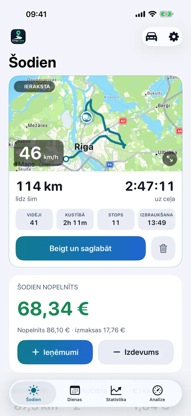 DropLane ekrāns Šodien: brauciens tiek pierakstīts kartē, ar dienas attālumu, stundām un ieņēmumiem.