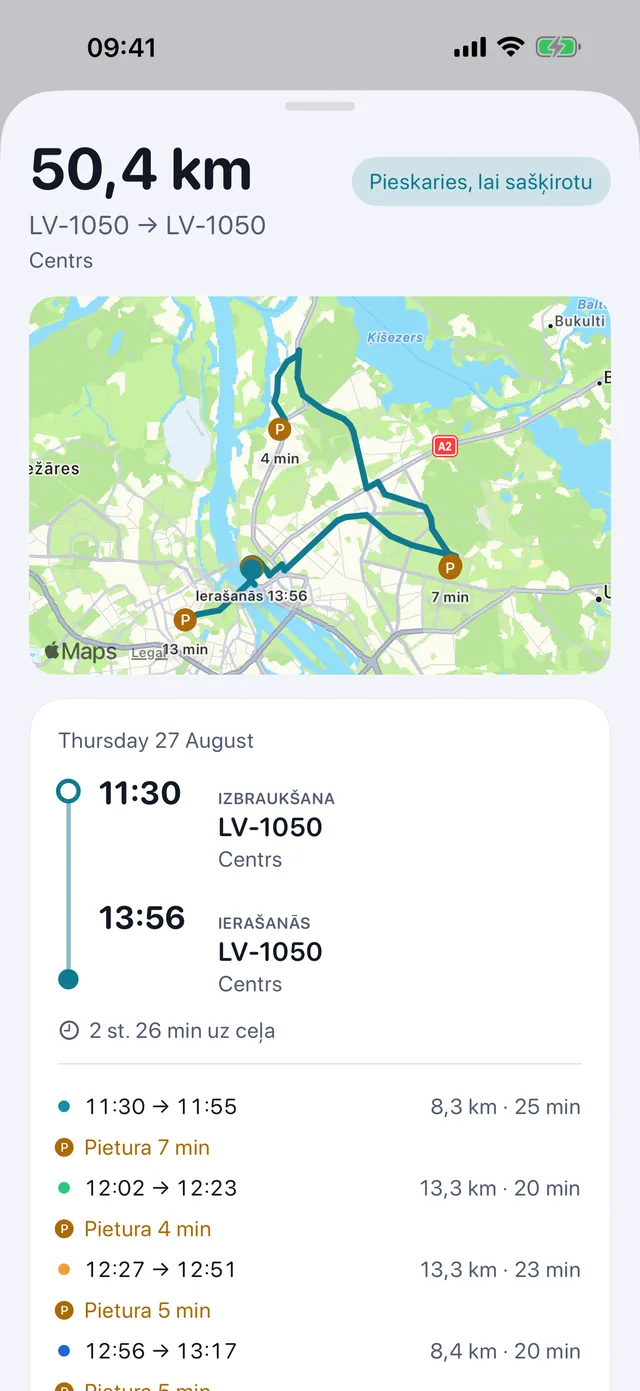 Viens brauciens — Laiki, pieturas un kādi tie kilometri bija.