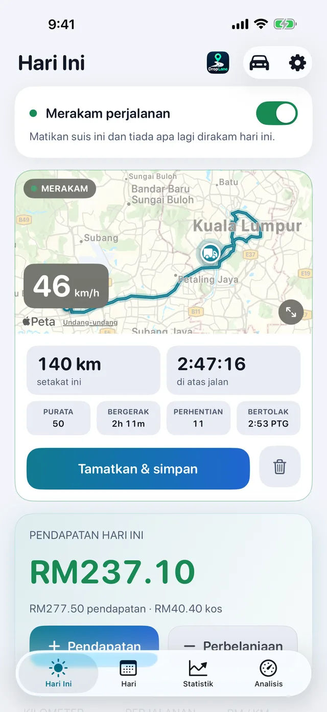 Skrin Hari Ini: perjalanan yang sedang direkod dan pendapatan hari ini.