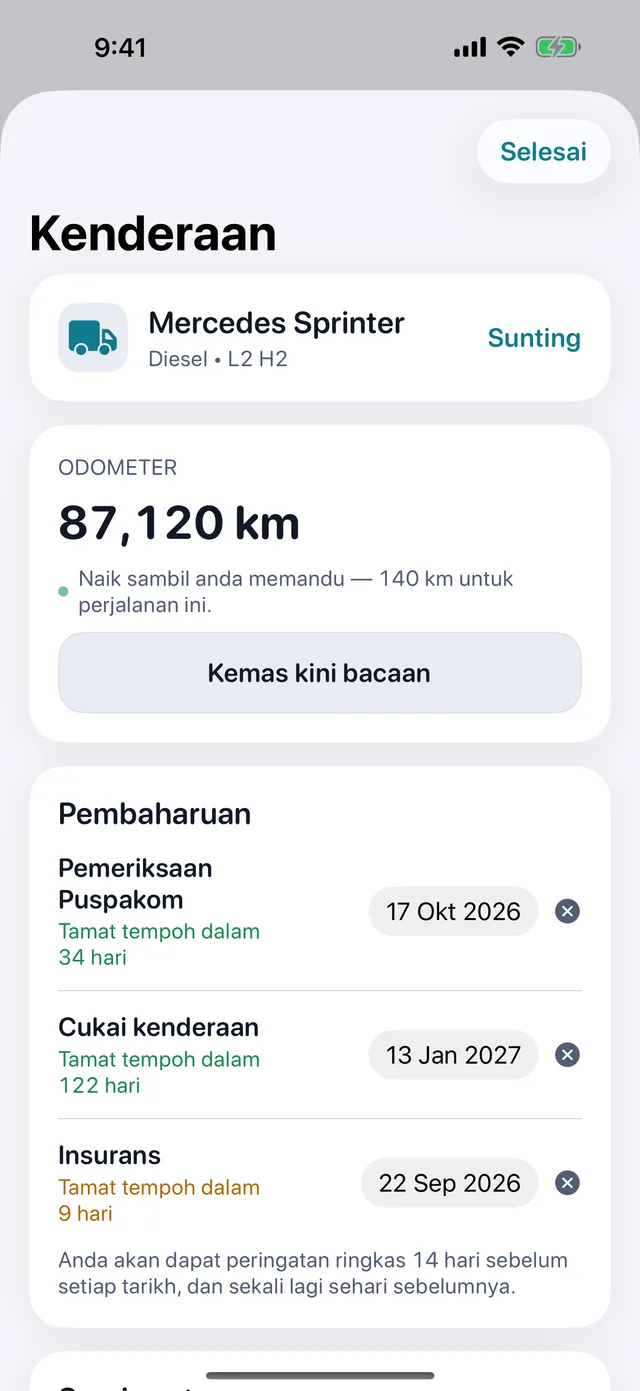 Kenderaan — Puspakom, cukai jalan, insurans — sebelum tamat.