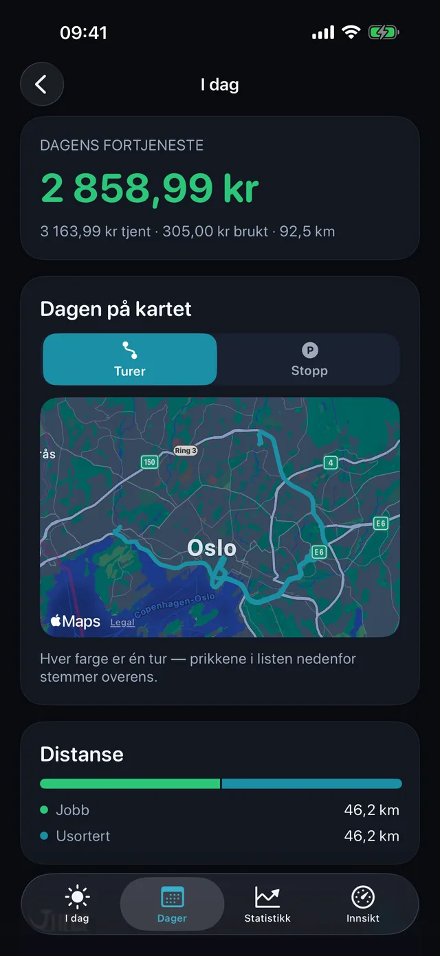 Dagen på kartet — Hver farge er én tur.