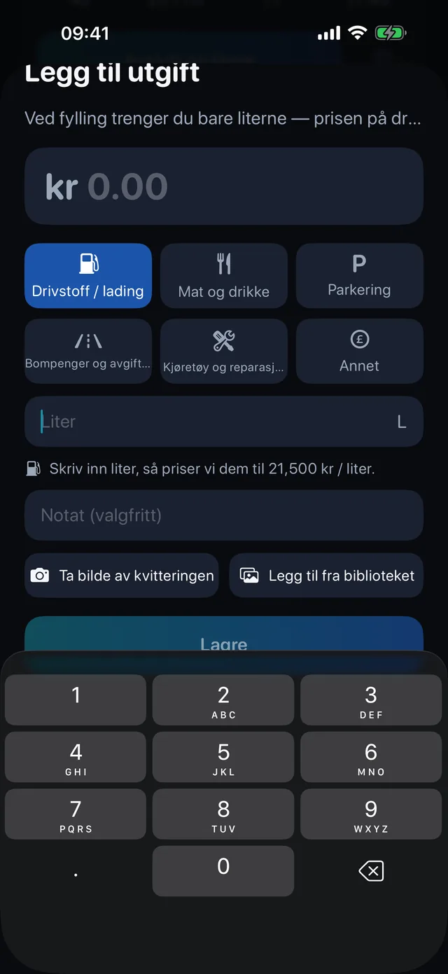 Kostnader — Drivstoff, mat, parkering, bompenger.
