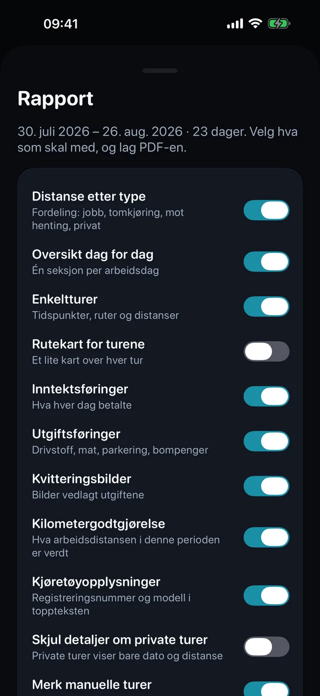 Rapporten bygger seg selv — Huk av for hva som skal med, velg stående eller liggende, så er PDF-en til regnskapsføreren klar til å sendes.