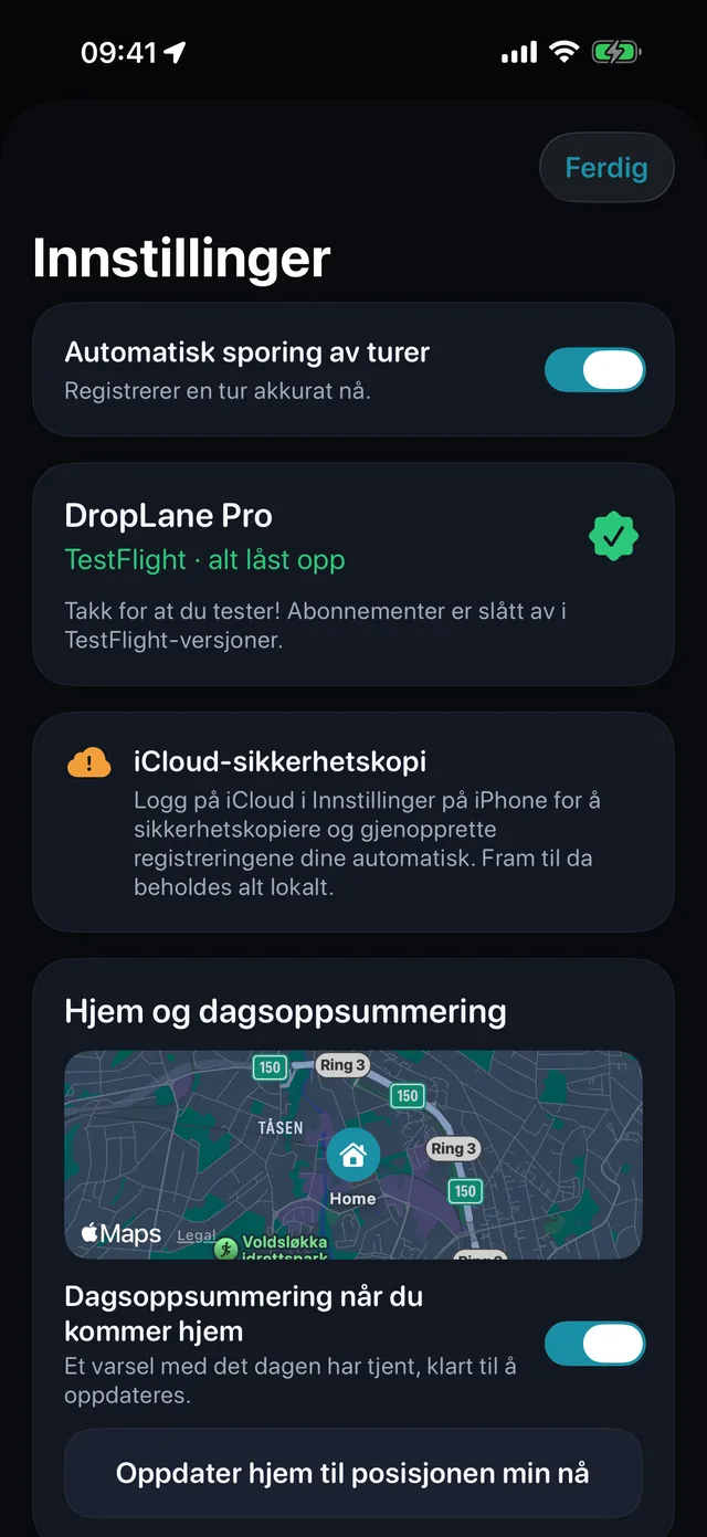 Innstillinger — Kilometer eller miles. Lyst eller mørkt.