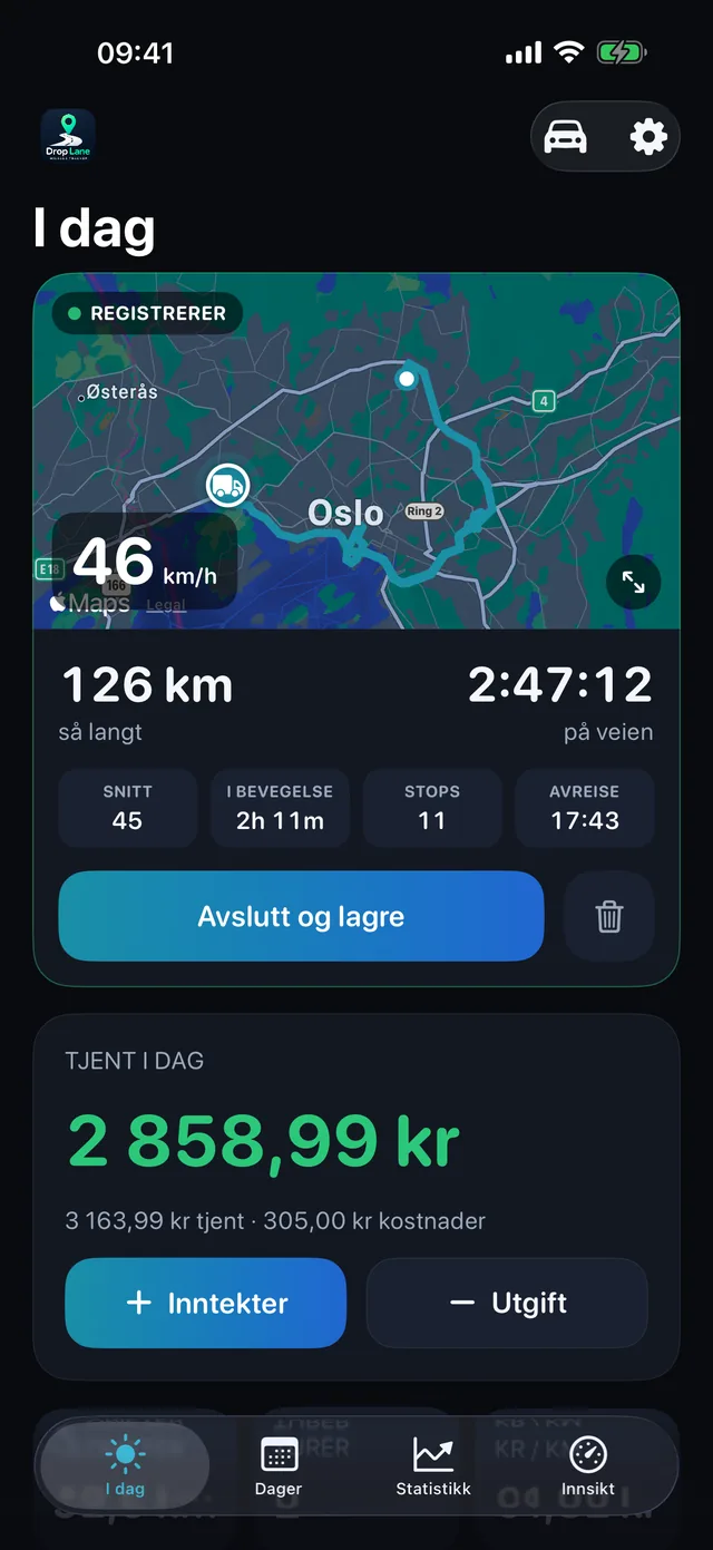 DropLanes I dag-skjerm: en tur som registreres på kartet, med dagens distanse, timer og inntekt.