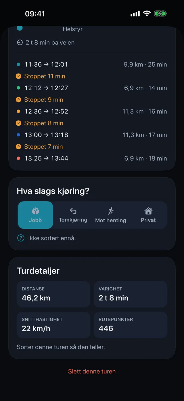 Sortere en tur — Arbeid, tomkjøring, mot henting eller privat.