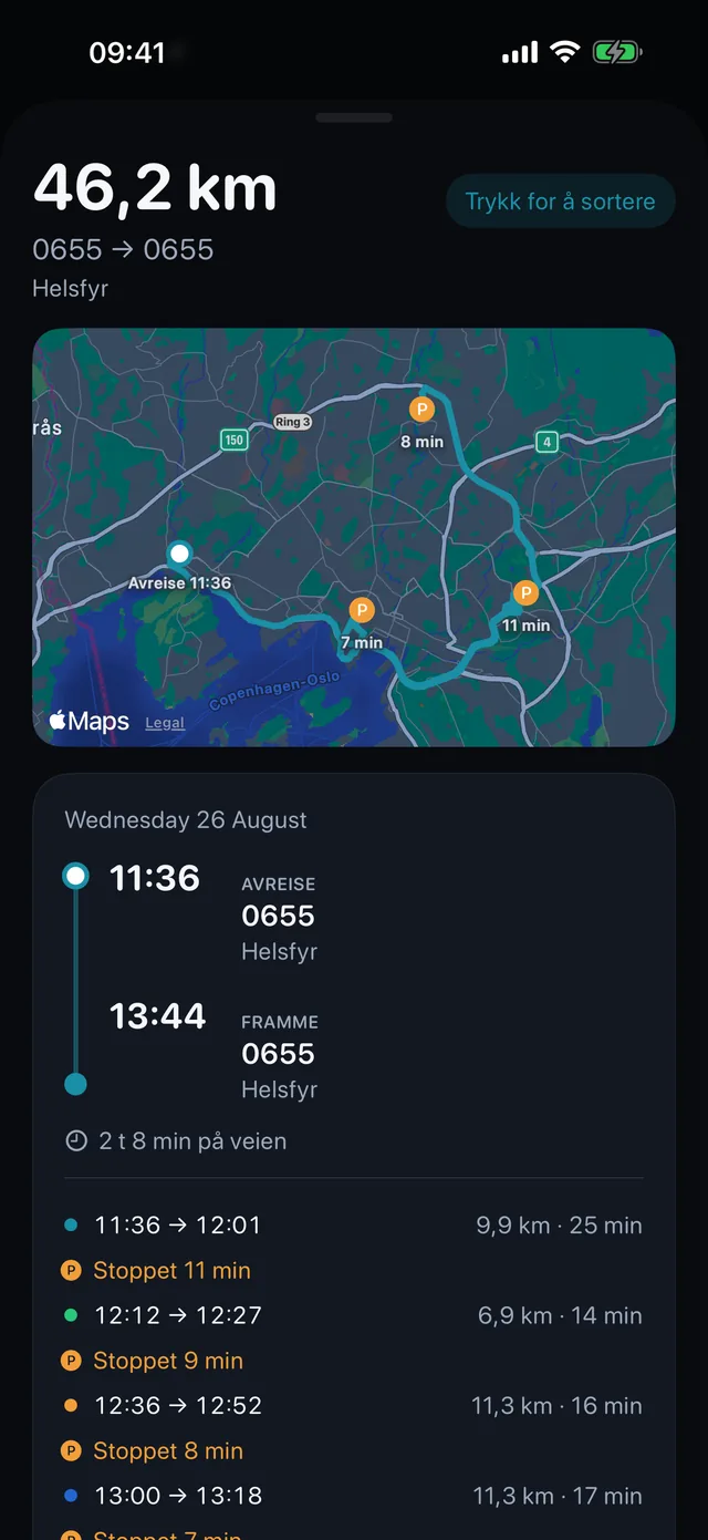 Én tur — Tider, stopp og hva slags kilometer.