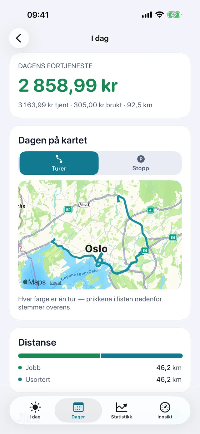 Dagen på kartet — Hver farge er én tur.