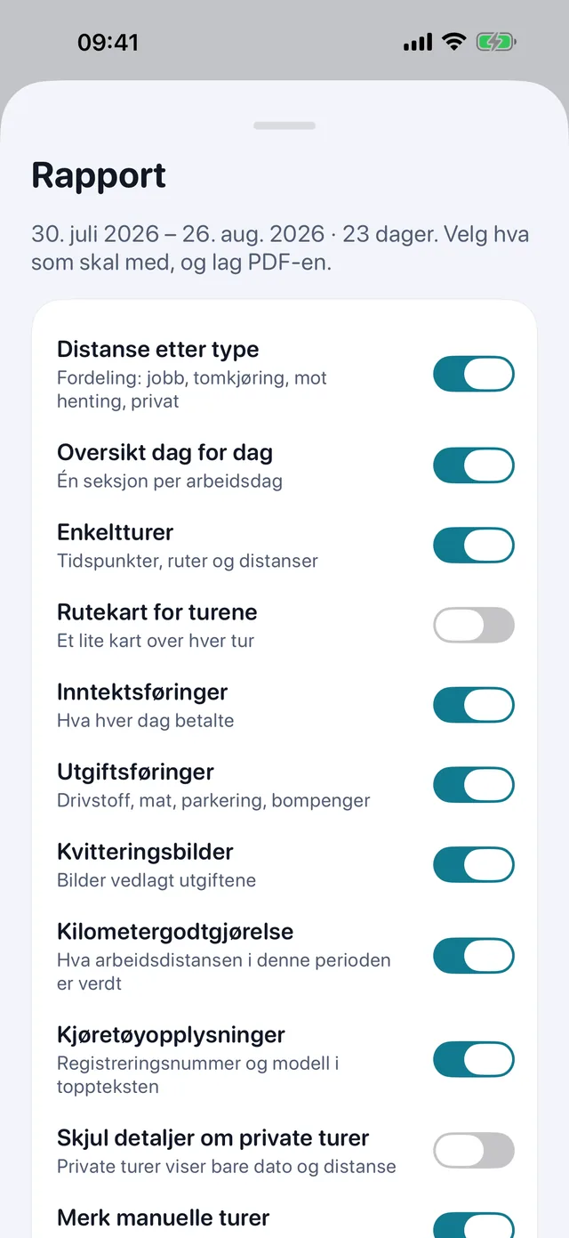 Rapporten bygger seg selv — Huk av for hva som skal med, velg stående eller liggende, så er PDF-en til regnskapsføreren klar til å sendes.