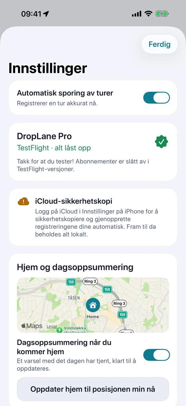 Innstillinger — Kilometer eller miles. Lyst eller mørkt.