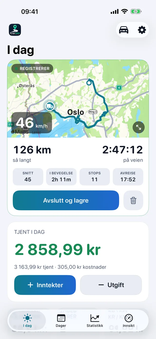 DropLanes I dag-skjerm: en tur som registreres på kartet, med dagens distanse, timer og inntekt.