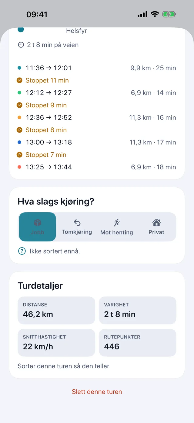 Sortere en tur — Arbeid, tomkjøring, mot henting eller privat.