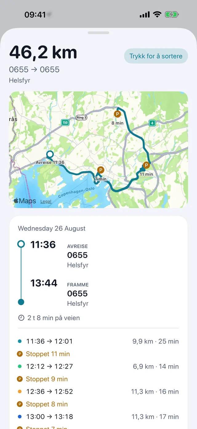 Én tur — Tider, stopp og hva slags kilometer.