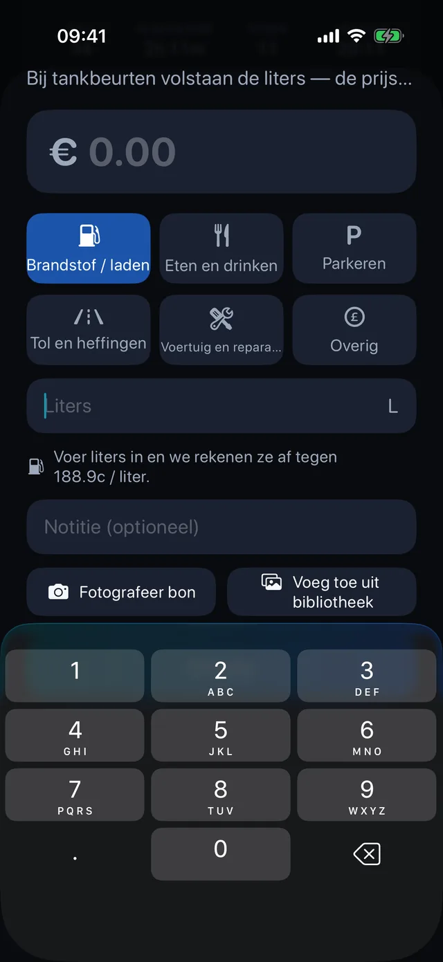 Kosten — Brandstof, eten, parkeren, tol.