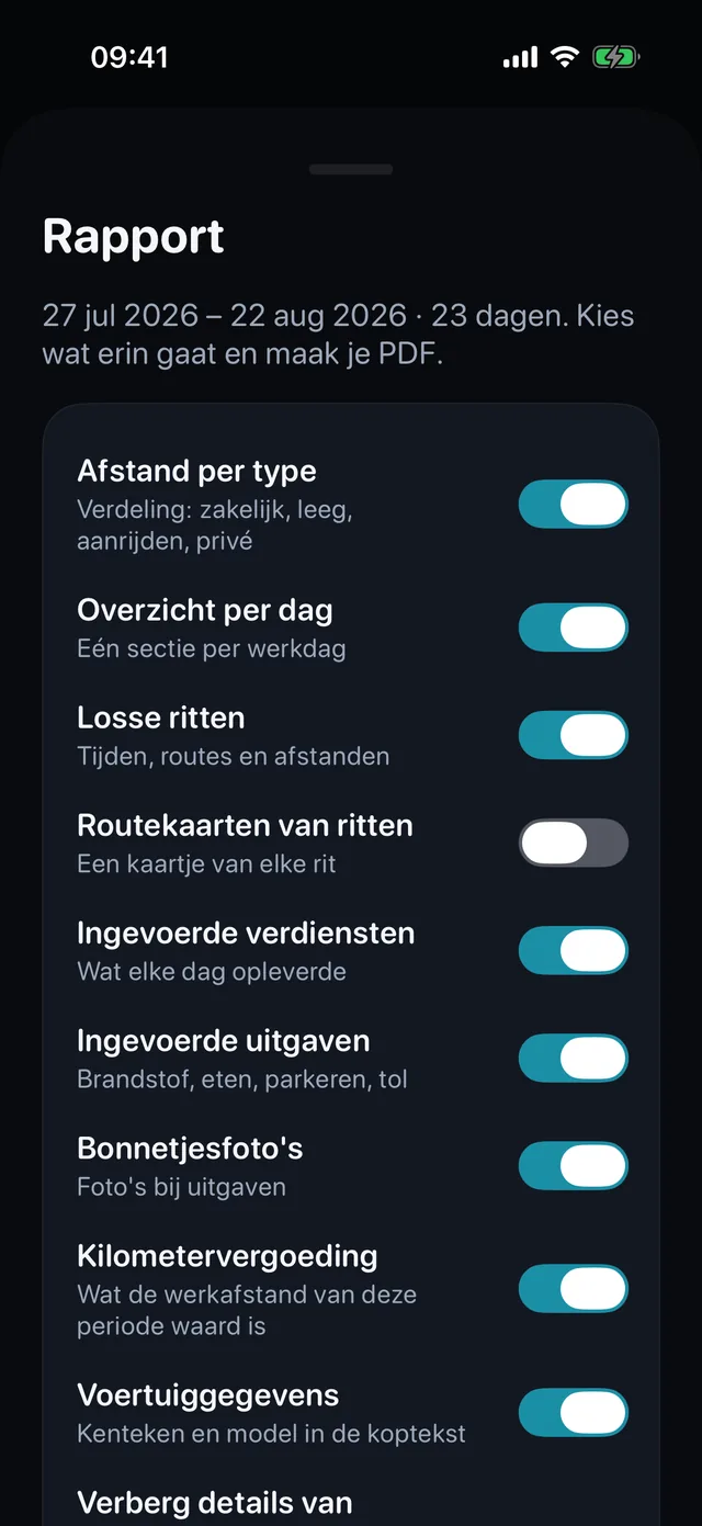 De rapportkaart: schakelaars voor ritten, inkomsten, kosten en bonfoto's, en dan de pdf.