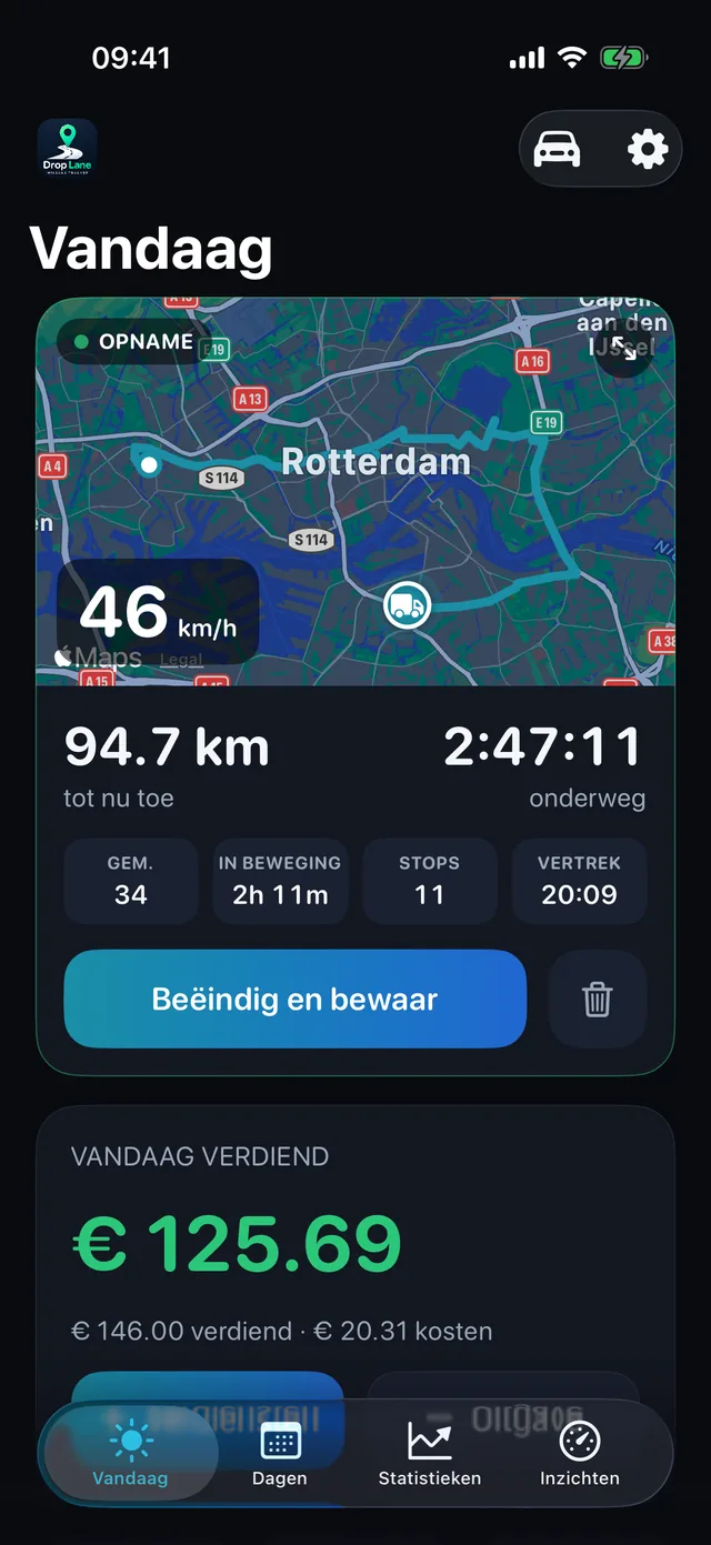Het Vandaag-scherm van DropLane: een rit wordt op de kaart vastgelegd, met de afstand, uren en opbrengst van de dag.