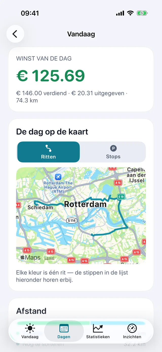 De dag op de kaart — Elke kleur is één rit.