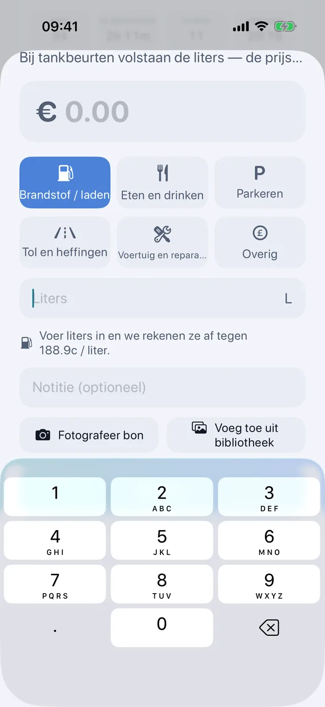Kosten — Brandstof, eten, parkeren, tol.