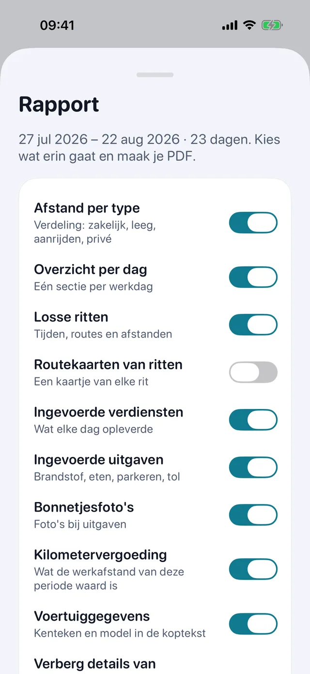 De rapportkaart: schakelaars voor ritten, inkomsten, kosten en bonfoto's, en dan de pdf.