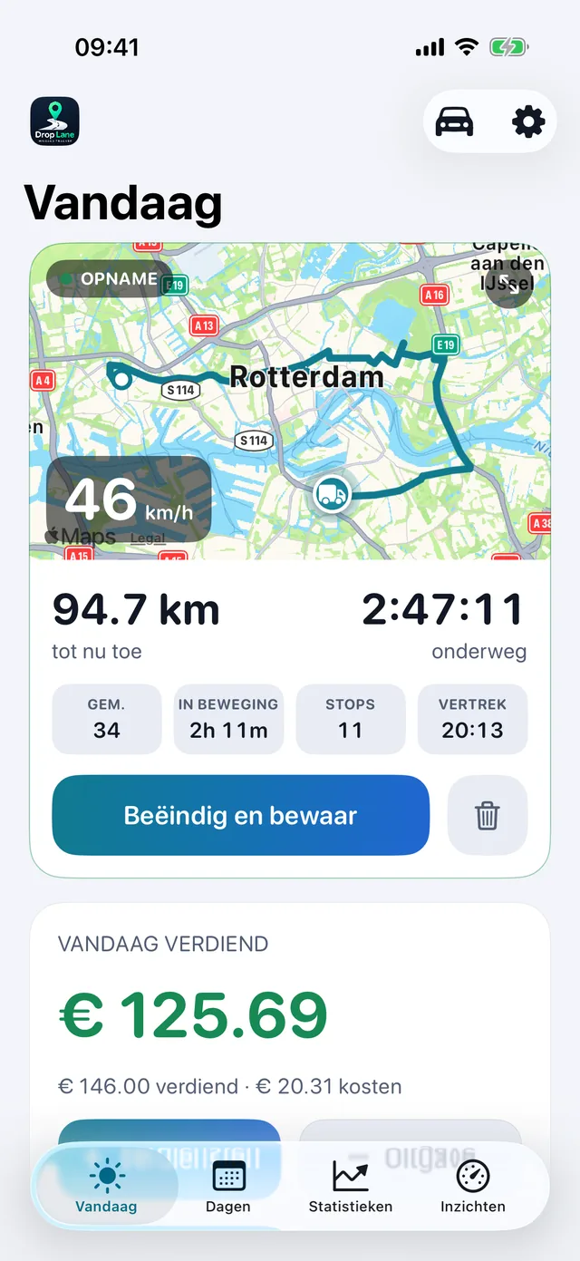Het Vandaag-scherm van DropLane: een rit wordt op de kaart vastgelegd, met de afstand, uren en opbrengst van de dag.