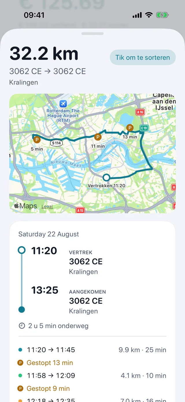Eén rit — Tijden, stops en wat voor kilometers.