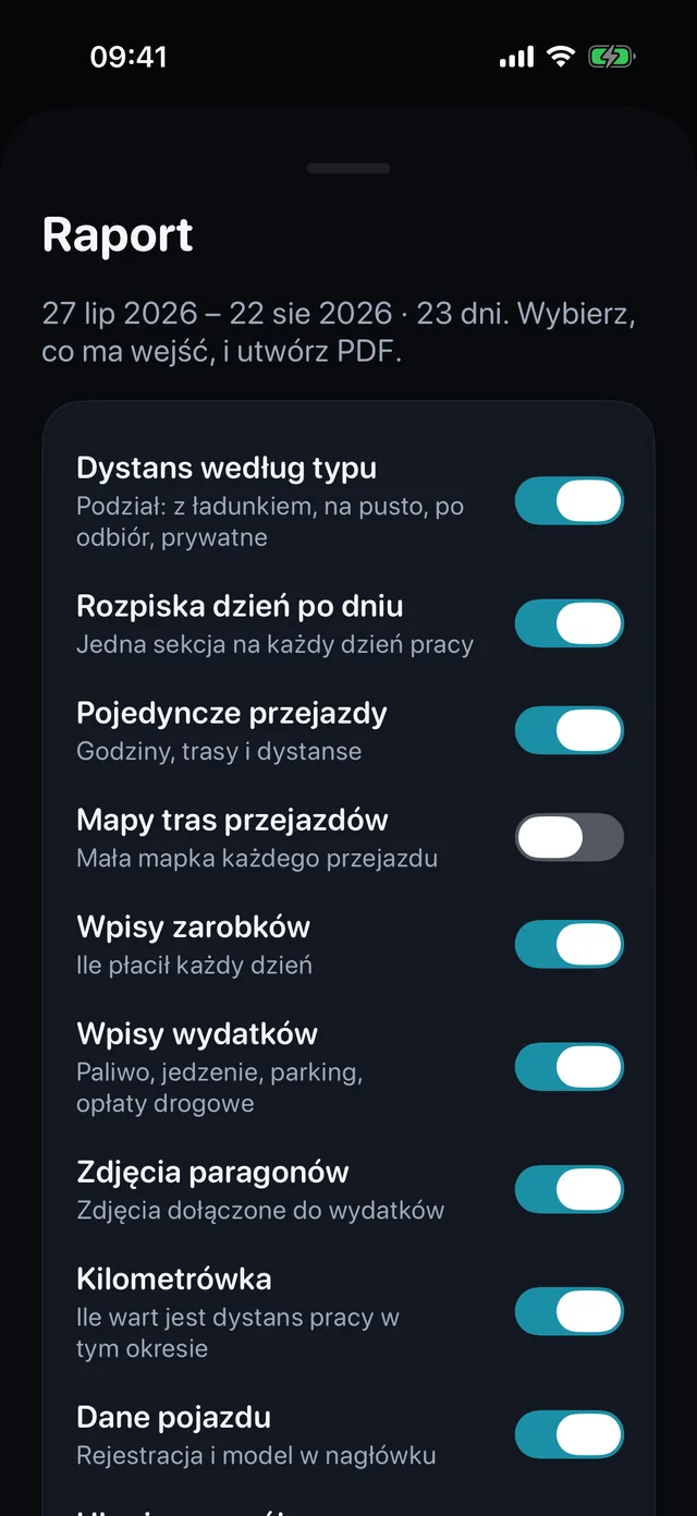 Karta raportu: przełączniki dla przejazdów, wpływów, kosztów i zdjęć paragonów, a potem PDF.