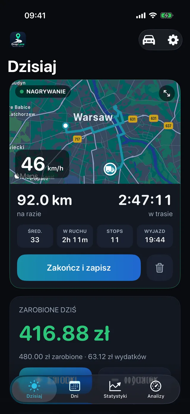 Ekran Dziś w DropLane: przejazd nagrywany na mapie, z dystansem, godzinami i zarobkiem dnia.