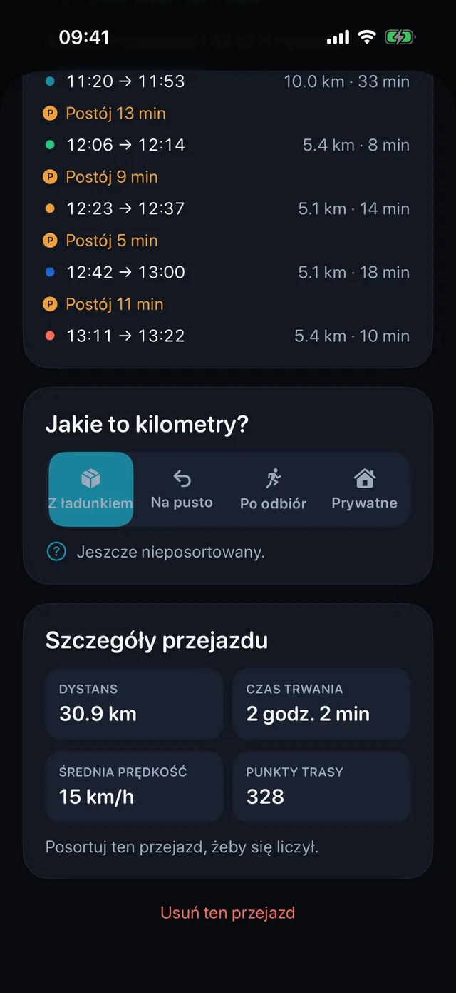 Sortowanie przejazdu — Służbowo, na pusto, po odbiór albo prywatnie.