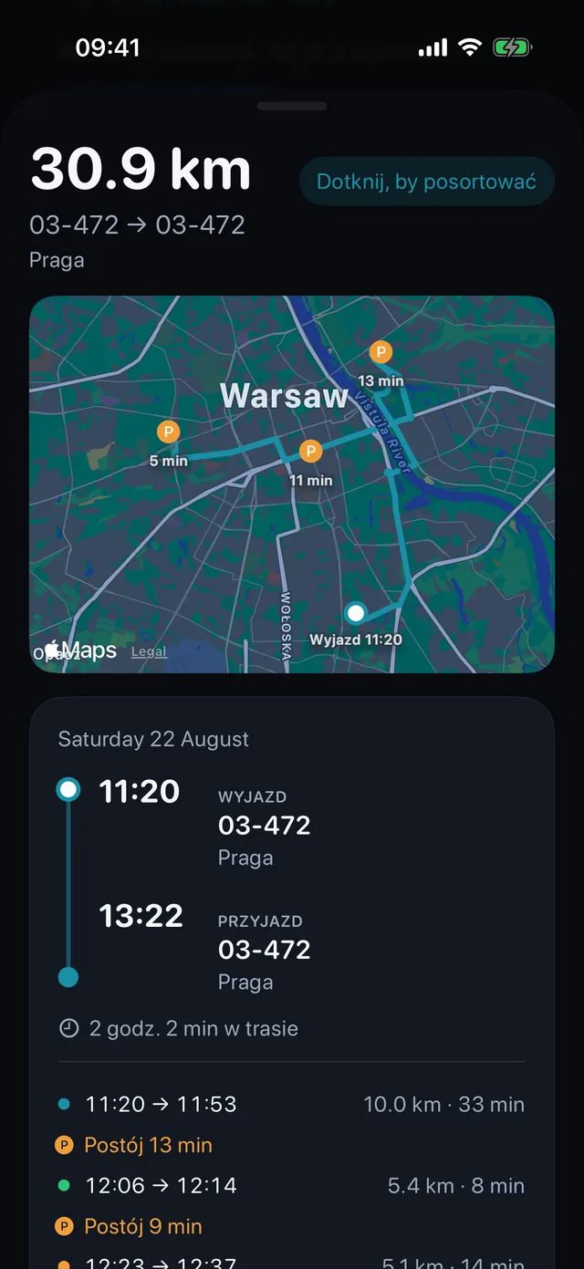 Jeden przejazd — Godziny, postoje i rodzaj kilometrów.